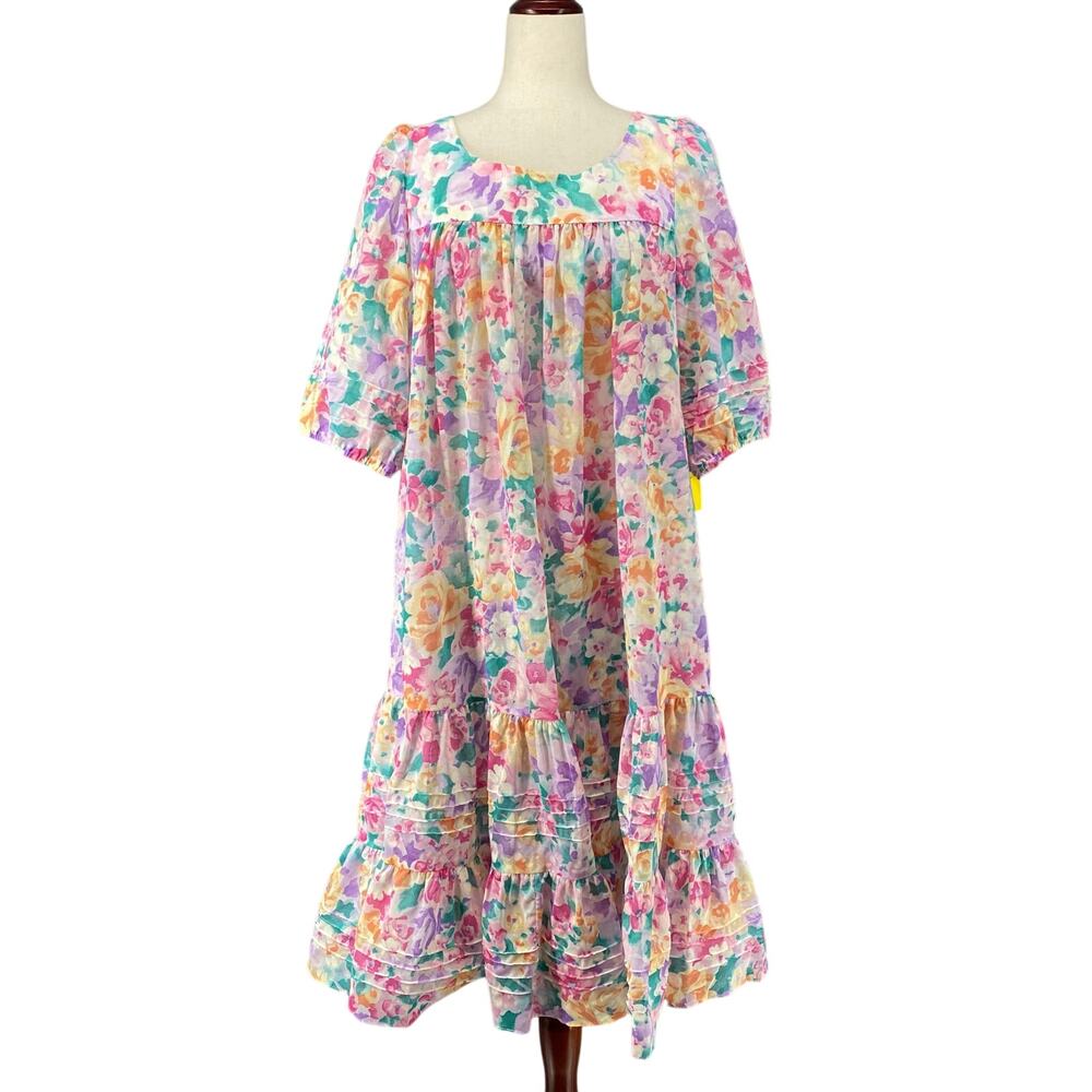 Vtg 80s 90s Two Potato‎ Watercolor Pastel Floral Sheer Dress M Grandma Muumuu
